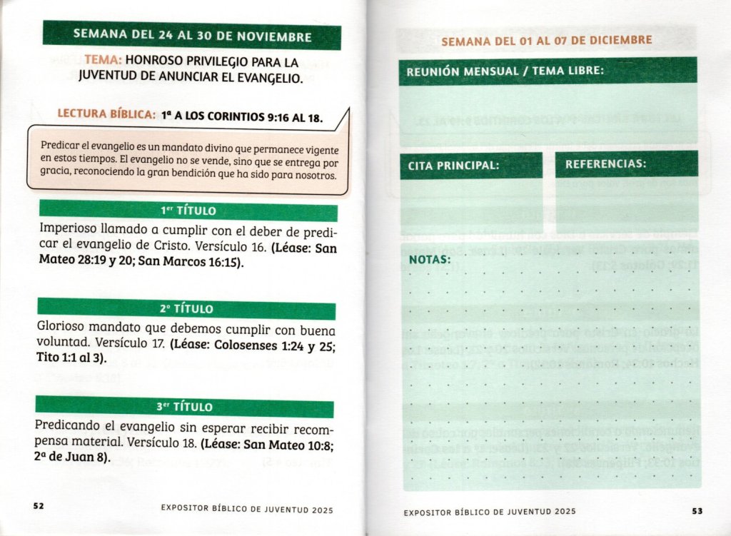 SEMANA DEL 24 AL 30 DE NOVIEMBRE de 2025, “HONROSO PRIVILEGIO PARA LA JUVENTUD DE ANUNCIAR EL EVANGELIO”.