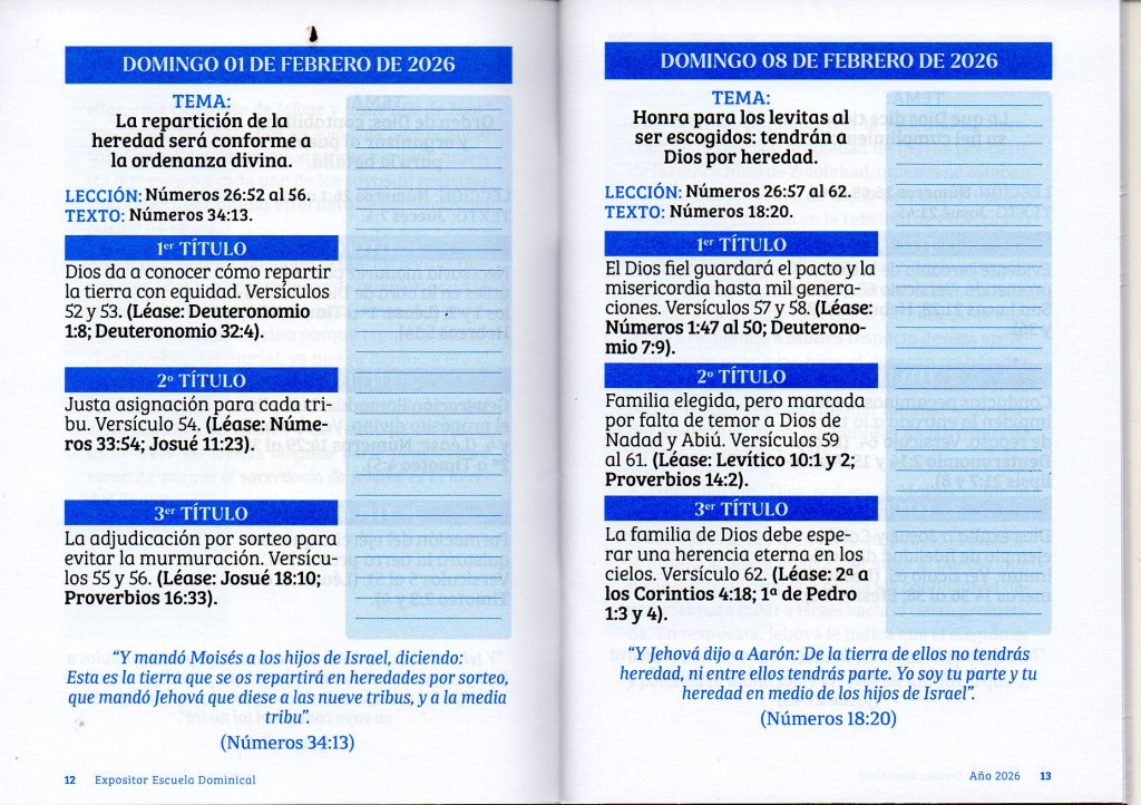DOMINGO 01 DE FEBRERO DE 2026.  “LA REPARTICIÓN DE LA HEREDAD SERÁ CONFORME A LA ORDENANZA&nbsp;DIVINA”.
