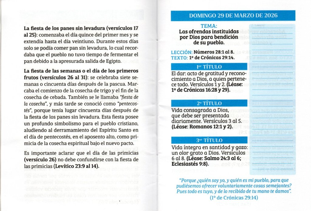 DOMINGO 29 DE MARZO DE 2026. “LAS OFRENDAS INSTITUIDAS POR DIOS PARA BENDICIÓN DE SU PUEBLO”.