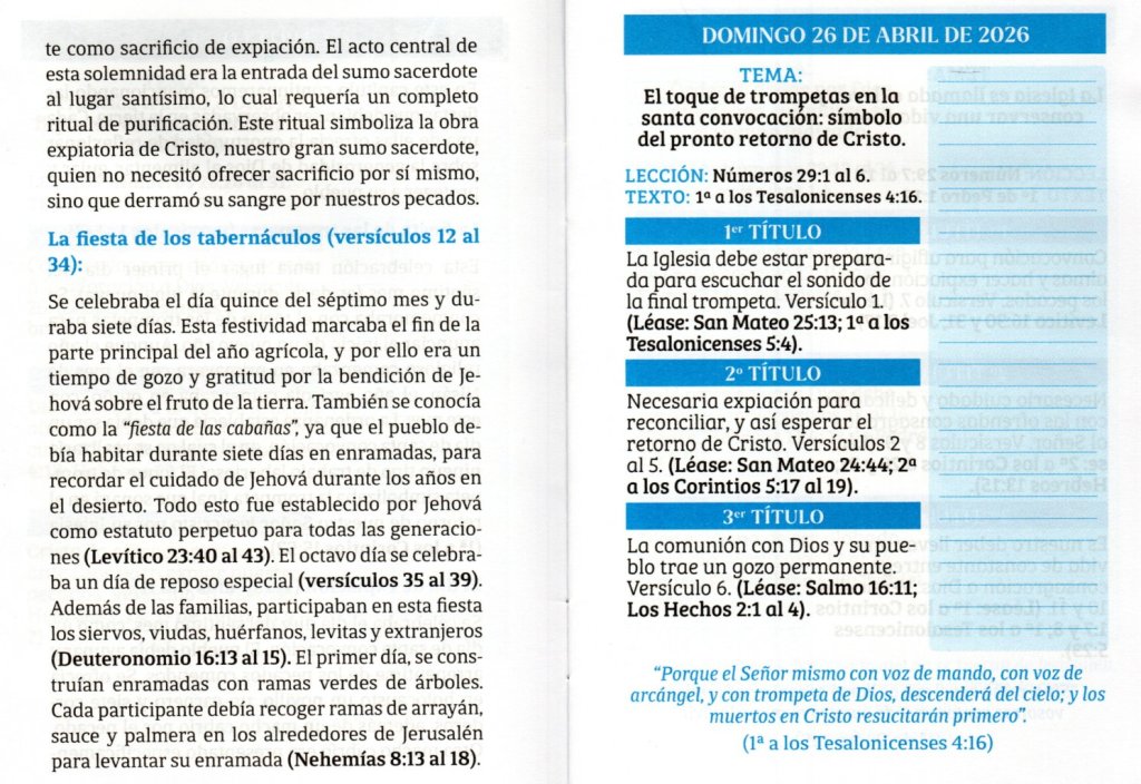 DOMINGO 26 DE ABRIL DE 2026. “EL TOQUE DE TROMPETAS EN LA SANTA CONVOCACIÓN: SÍMBOLO DEL PRONTO RETORNO DE CRISTO”.