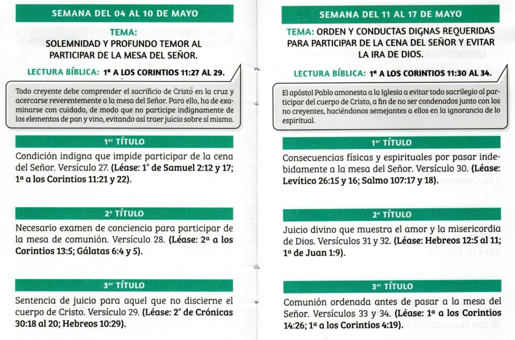SEMANA DEL 11 AL 17 DE MAYO. 2026. “ORDEN Y CONDUCTAS DIGNAS REQUERIDAS PARA PARTICIPAR DE LA CENA DEL SEÑOR Y EVITAR LA IRA DE&nbsp;DIOS.