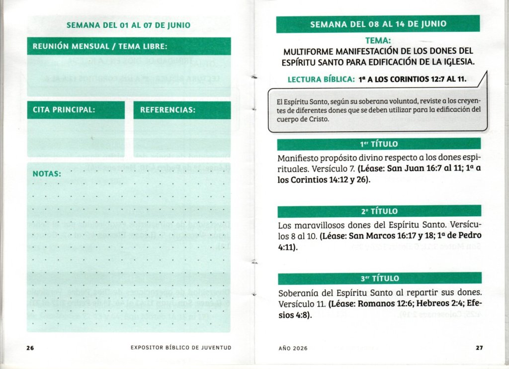 SEMANA DEL 08 AL 14 DE JUNIO 2026. “MULTIFORME MANIFESTACI N DE LOS DONES DEL ESPIRITU SANTO PARA EDIFICACION DE LA&nbsp;IGLESIA”.
