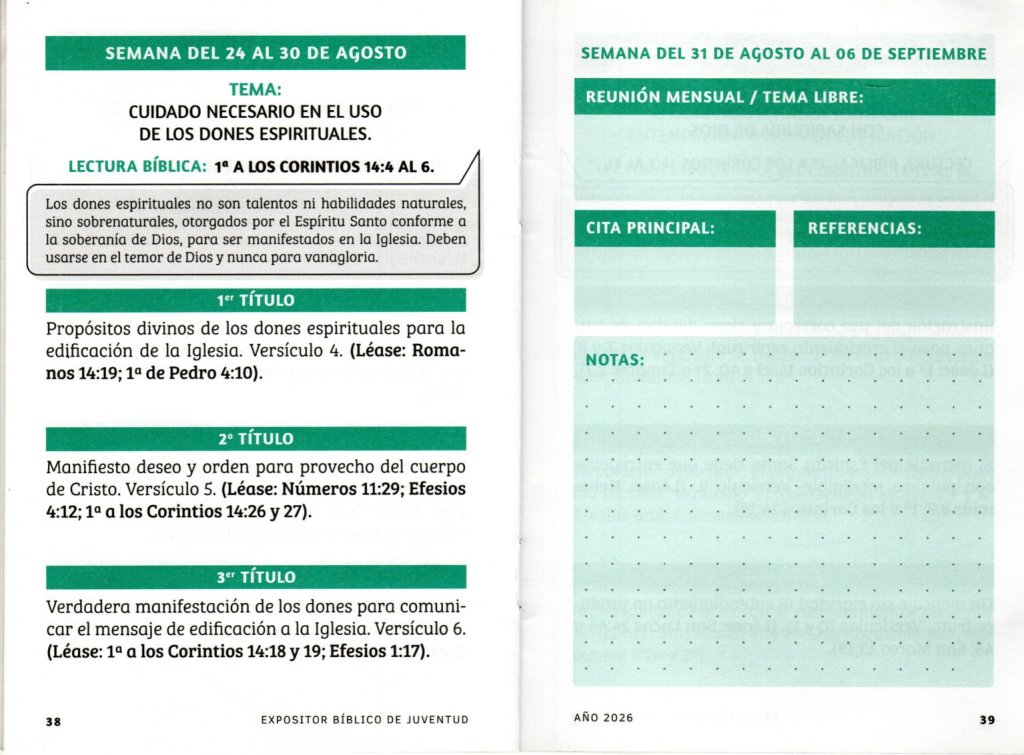 SEMANA DEL 24 AL 30 DE AGOSTO 2026. “CUIDADO NECESARIO EN EL USO DE LOS DONES ESPIRITUALES”.